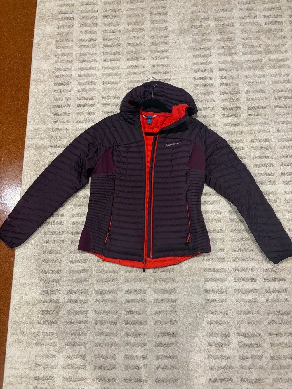 Eddie Bauer Two-Tone Hooded Insulated Jacket Womens- Plum Exterior with Red Trim